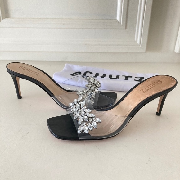 NWOT Schutz Anthropologie Shary Low Rhinestone & Crystal Black Heels Sz 7 - Picture 1 of 9